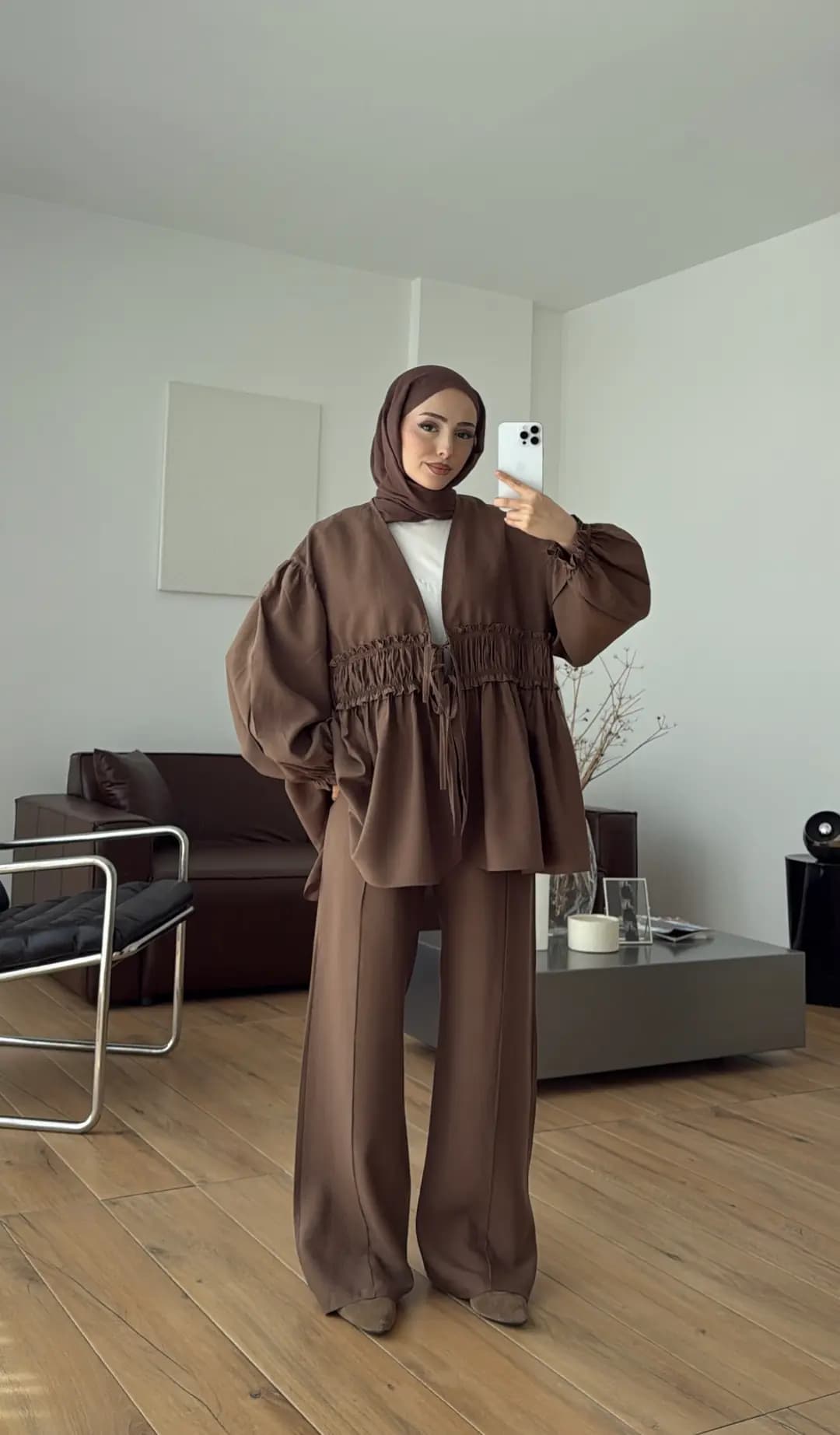 Beli Büzgülü Kimonolu Takım Kahve