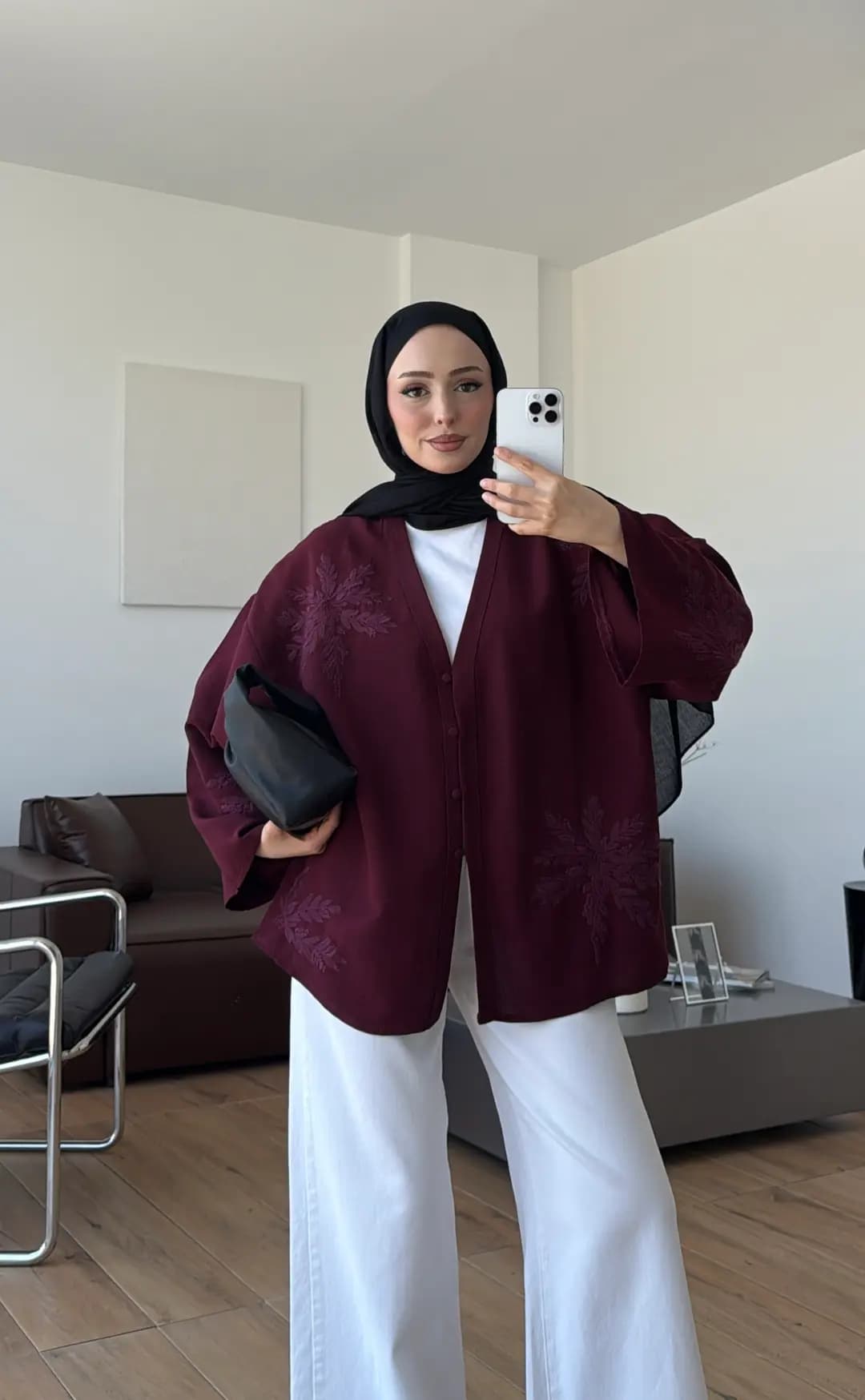 Nakışlı V Yaka Gömlek Bordo