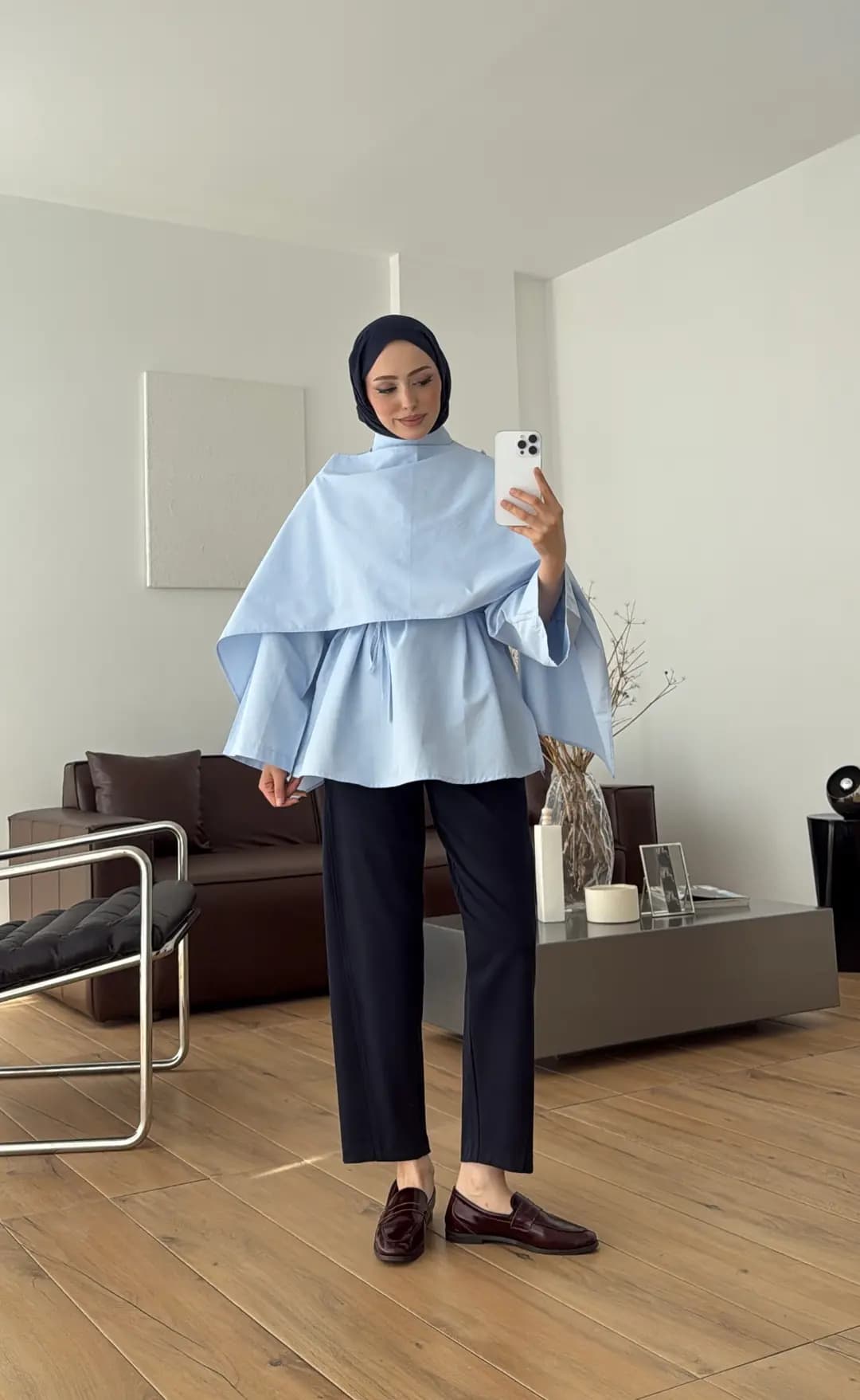Seyyar Şallı Poplin Gömlek Mavi