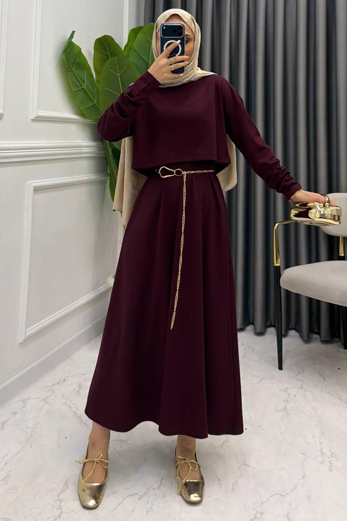 İKİLİ ELBİSE TAKIM BORDO