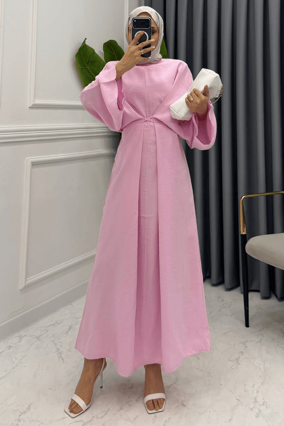 SİYONA KETEN ELBİSE PEMBE