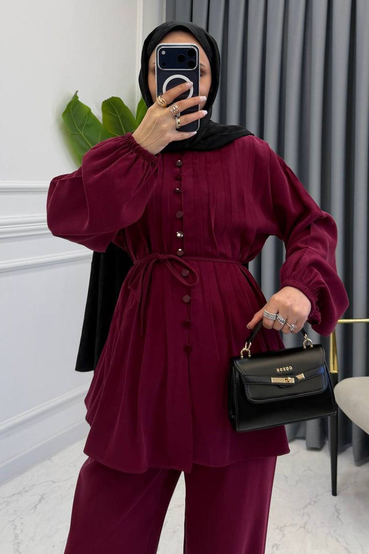 NORA ÖNDEN DÜĞMELİ PİLELİ TAKIM BORDO