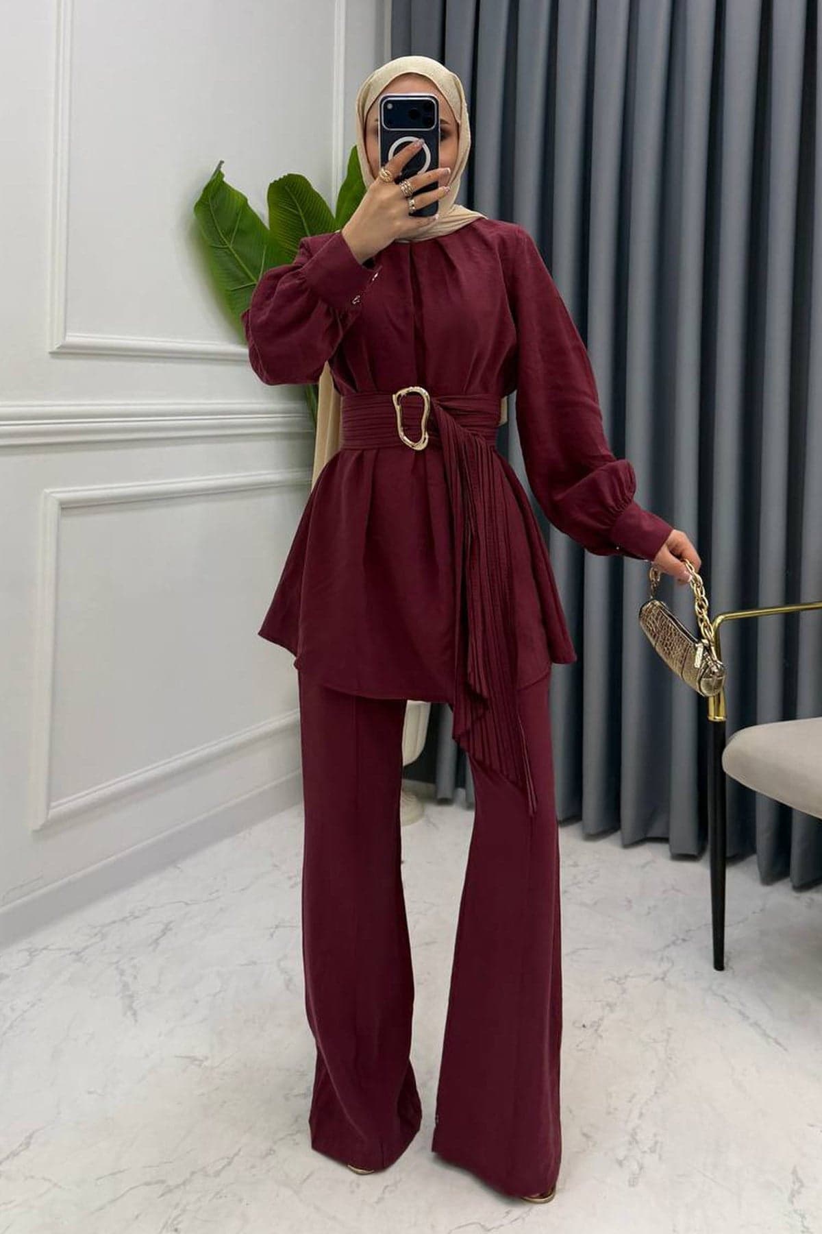LİVA GOLD KEMERLİ TAKIM BORDO
