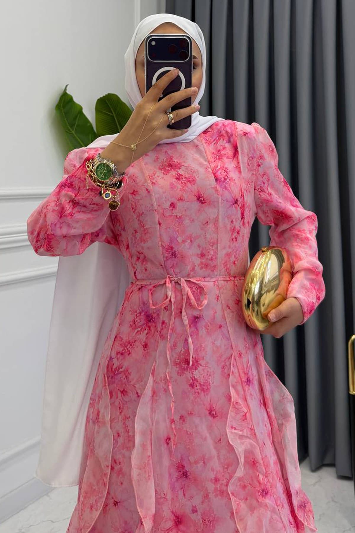FIRFIRLI DESENLİ ELBİSE PEMBE